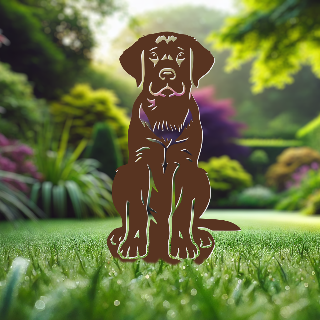 Handcrafted Labrador Sitting garden ornament, available in black, chocolate/brown, golden, and rustic steel finishes. Durable outdoor decor.