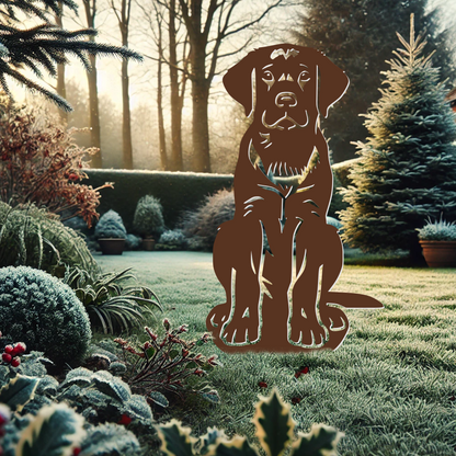 Handcrafted Labrador Sitting garden ornament, available in black, chocolate/brown, golden, and rustic steel finishes. Durable outdoor decor.