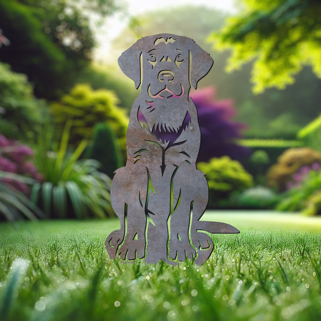 Handcrafted Labrador Sitting garden ornament, available in black, chocolate/brown, golden, and rustic steel finishes. Durable outdoor decor.