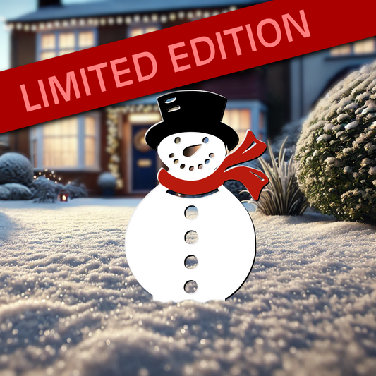 Handcrafted snowman garden ornament for Christmas decor, available in black and white finishes. Durable and perfect for outdoor holiday displays